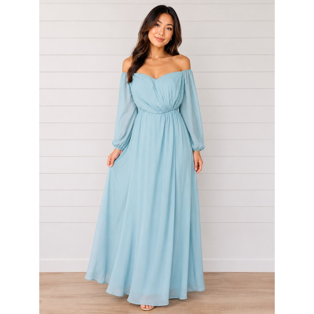Ever-Pretty Light Blue Off Shoulder Chiffon Maxi Dress Long Sleeve Size 4